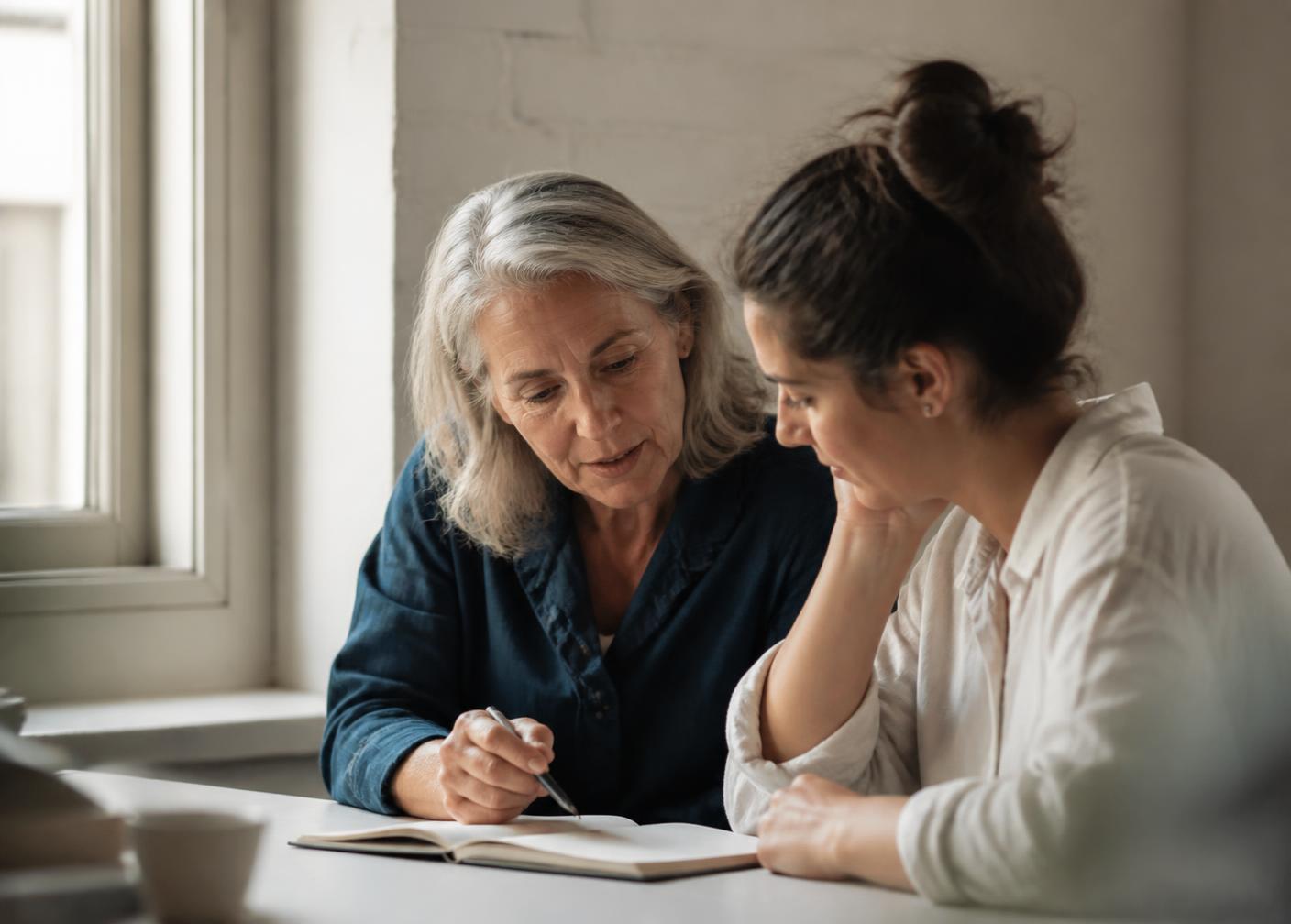An experienced team member coaching a colleague over a notebook beside a window