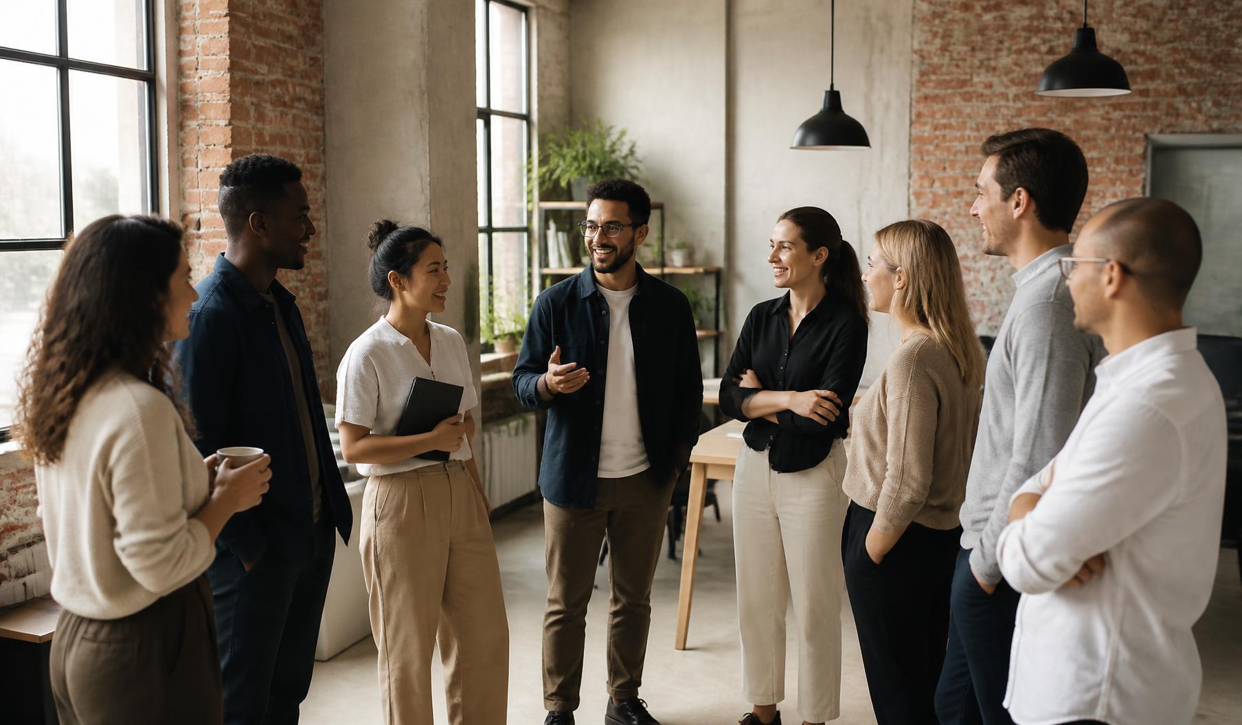 The team standing together in conversation during a morning meeting in a brick and concrete workspace