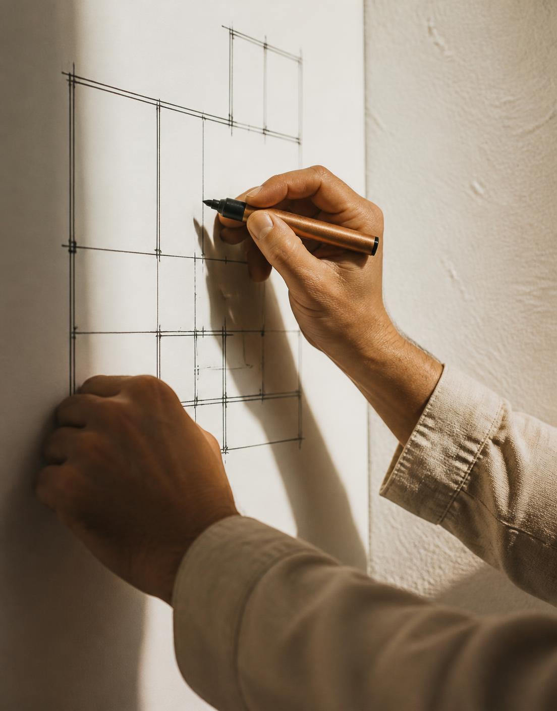 A hand sketching a simple structural grid plan on a wall