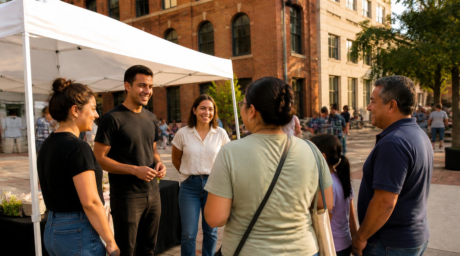 Team members greeting attendees at an outdoor event